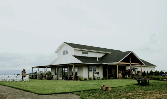 Exterior of Ghost Hill Cellars set for an outdoor wedding ceremony