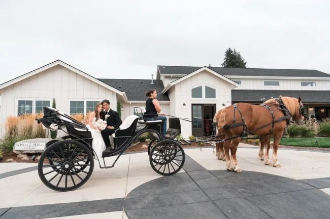 Bride and groom in a horse drawn carriage