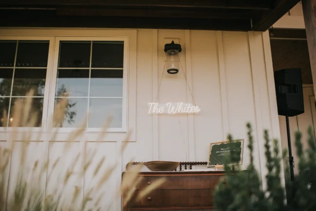 Sign for The Whites at a wedding at Ghost Hill Cellars